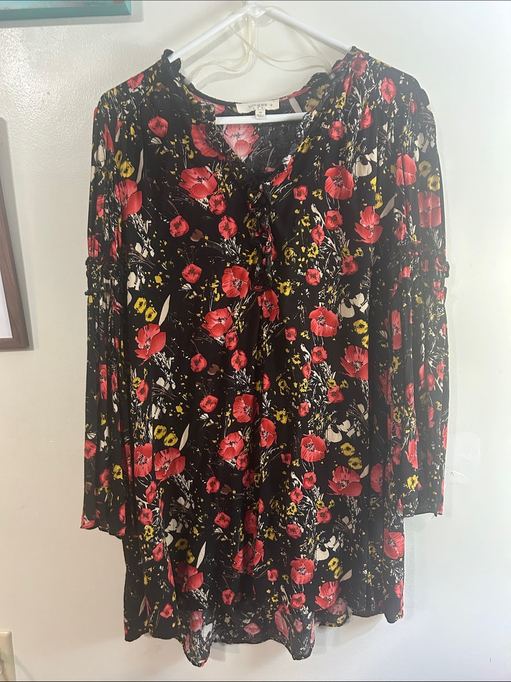 Umgee Black Floral Long Sleeve Peasant Dress with Red & Yellow Blooms